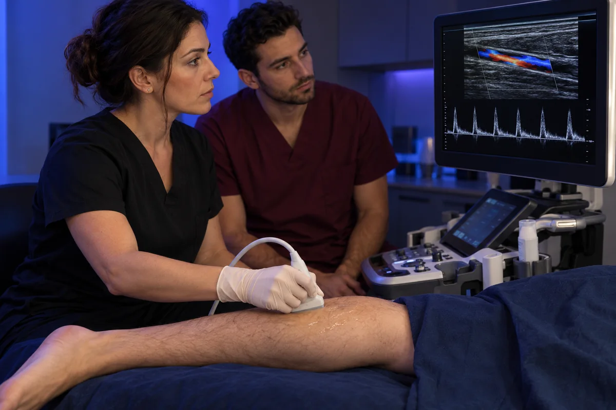 Ilustración IA de una evaluación vascular con Doppler.